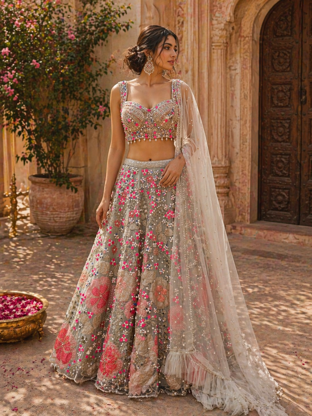 Designer Net Lehenga Set with Multicolor Floral Embroidery & Embellished Blouse | Bridal & Festive Wear